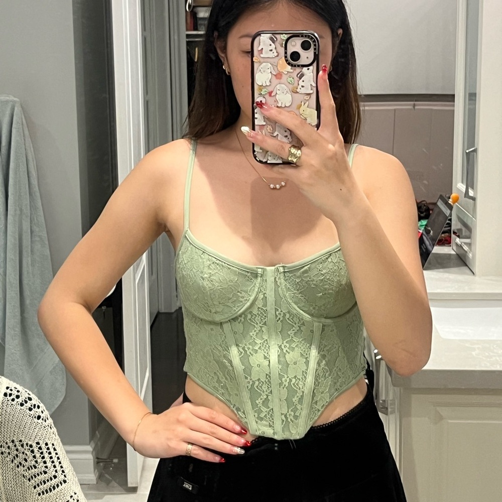 green floral lace corset top criss cross back